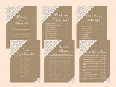 Burlap & Lace Rustic Baby Shower Games Printable