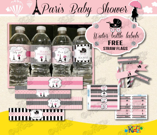 Paris Baby Shower Water Bottle Labels with Free Straw Flags