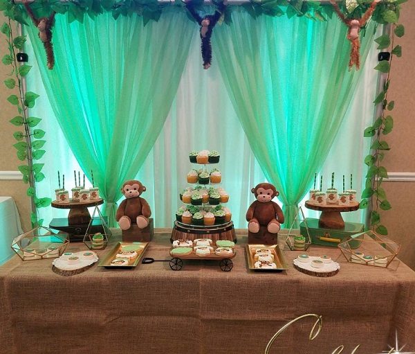 little monkey baby shower burlap and hanging monkeys