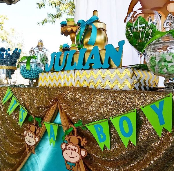 monkey themed baby shower in gold
