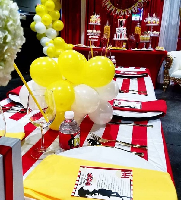 ready to pop popcorn themed baby shower guest table