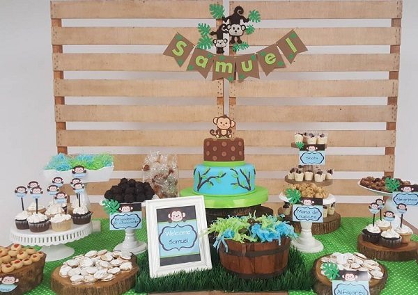 rustic boy monkey theme baby shower dessert table