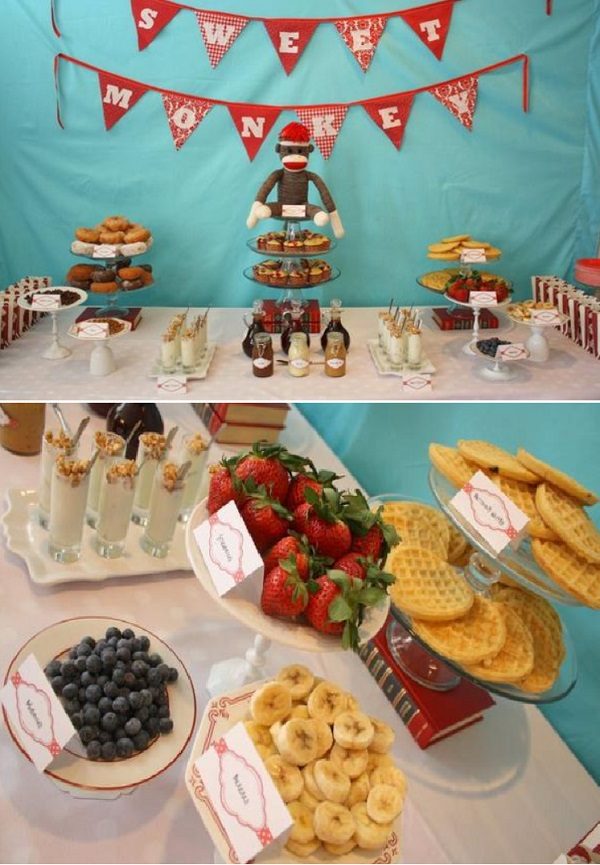 sock monkey baby shower decors and pancake station