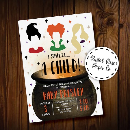 Hocus Pocus Sanderson Sisters Gender Reveal Baby Invitation