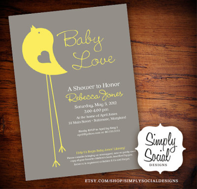 Little Bird Baby Shower Invitation Yellow and Grey
