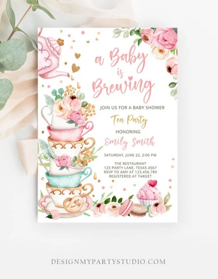 baby is brewing tea party invitation