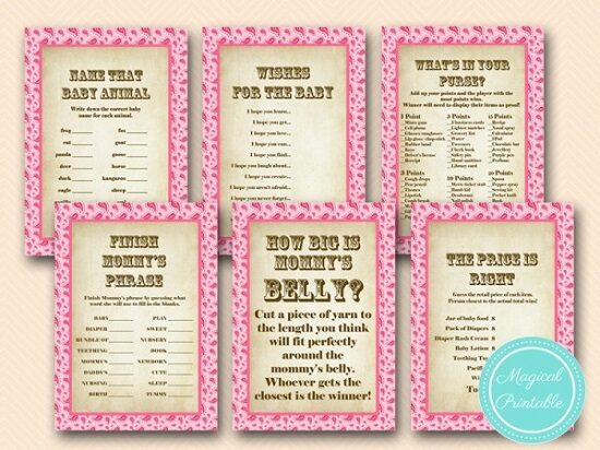 pink cowgirl baby shower game bundle