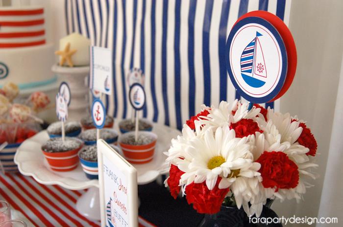 Red, white, nautical baby shower themed flowers