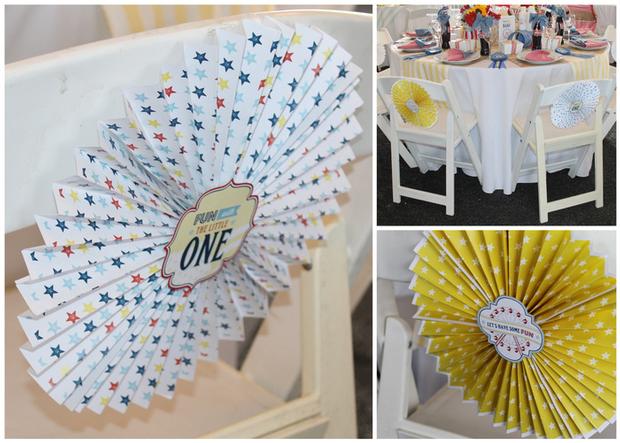 rustic, classic, modern country fair inspired baby shower party via babyshowerideas4u.com paper flower on chairs