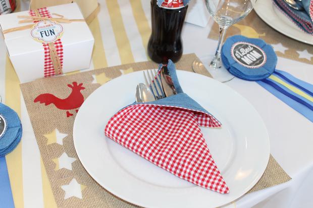 rustic, classic, modern country fair inspired baby shower party via babyshowerideas4u.com table setting red gingham napkin, burlap print table mat
