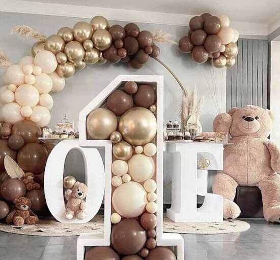 teddy bear coffee beige gold balloon garland arch