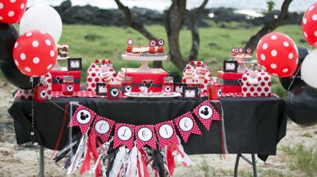red minnie mouse party dessert table decor