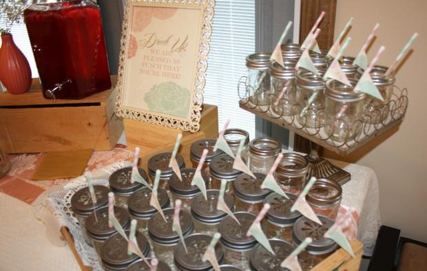 vintage glam baby shower via babyshowerideas4u, sweet baby shower treats, drink station, mason jars with flower lids