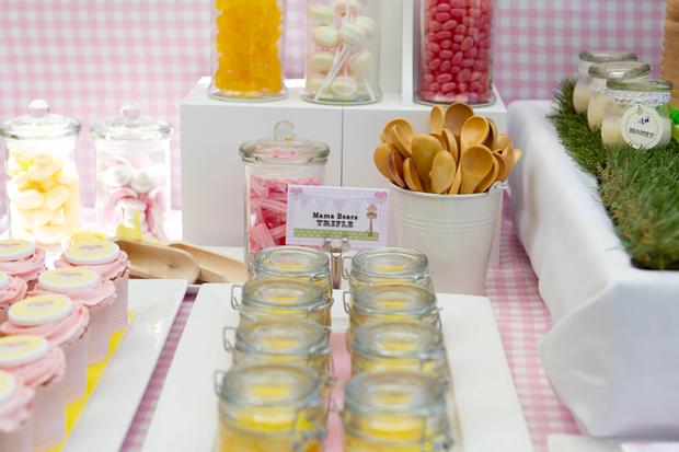 teddy bears picnic party table setting, cute sign, amazing dessert table, teddy cake, honey jars with baker twines, beautiful table dessert set up