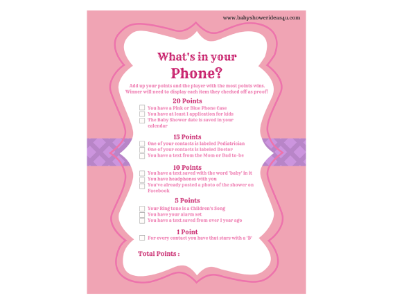 Whats In Your Phone Game - Blue Swash Printable Baby Shower Games