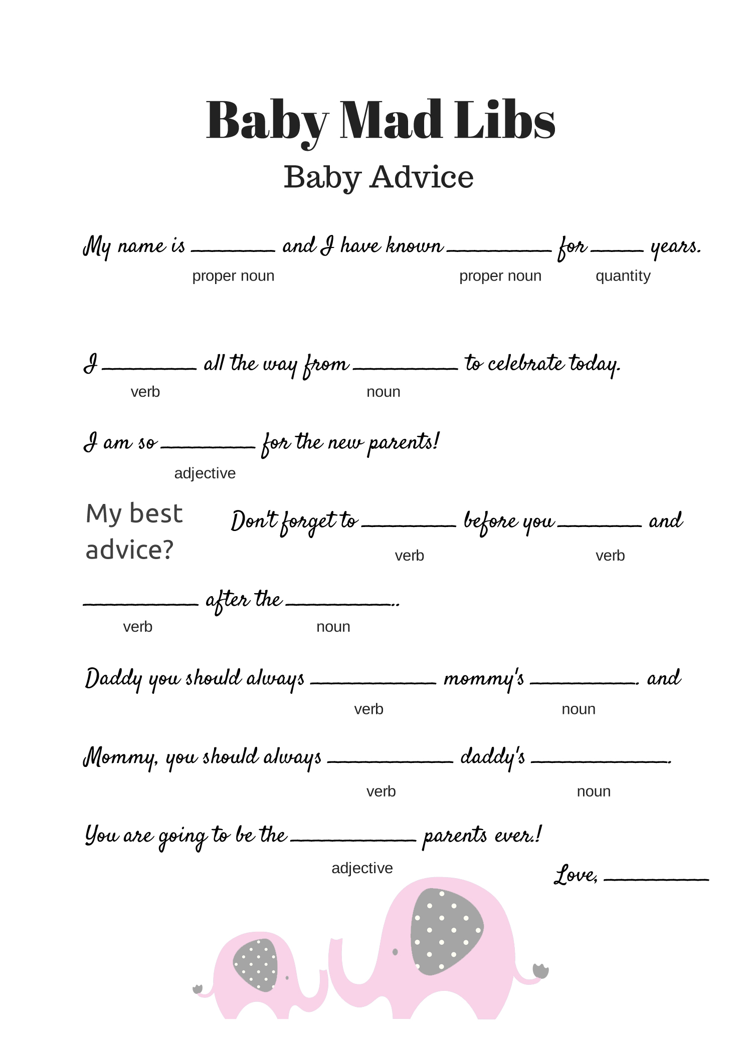 Free Instant Download Baby Shower Mad Libs Template