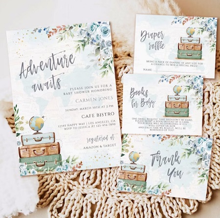 blue Adventure Awaits Travel Baby Shower Invitation