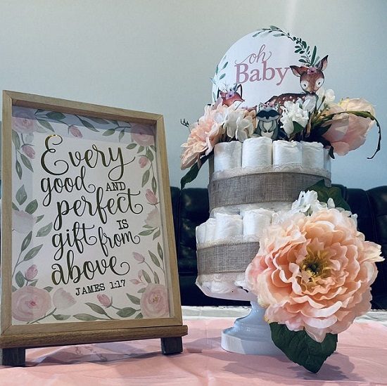 pink woodland baby shower diaper cake decoration