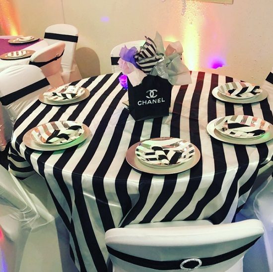 black and white chanel party table setup