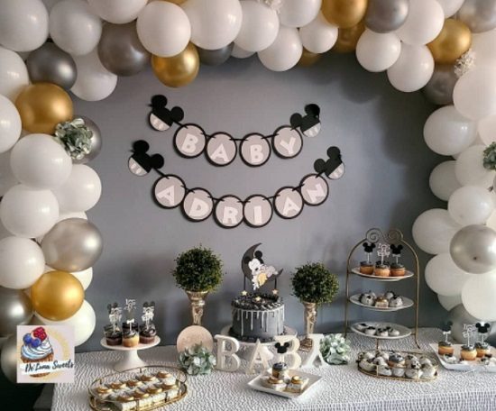gold and black mickey mouse baby shower