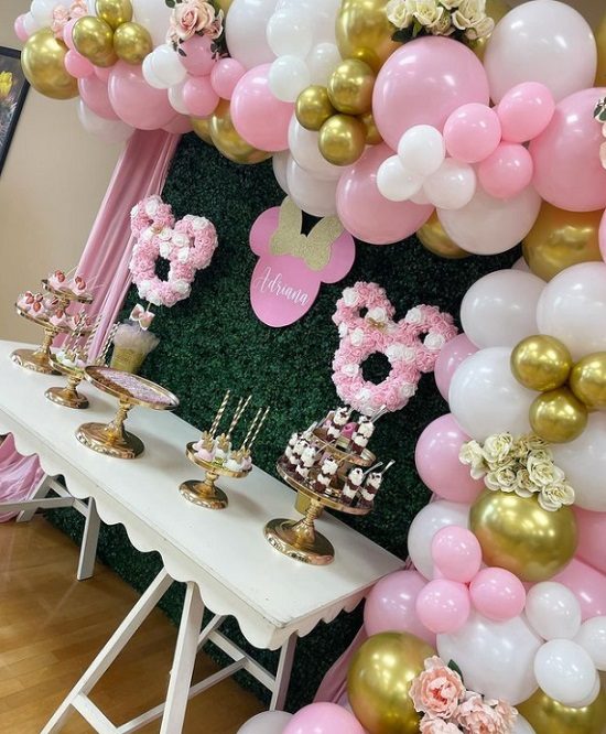 pink gold floral minnie mouse baby shower dessert table