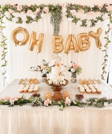 shabby chic themed baby shower dessert table