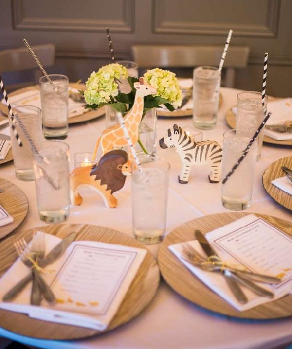 zoo baby shower guest table setup centerpieces