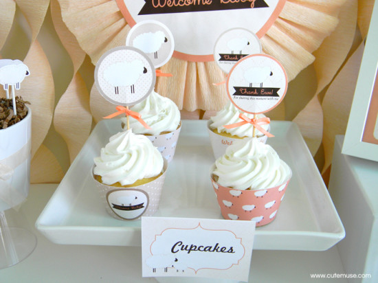 Peach Little Lamb Baby Shower cupcakes with little ribbons