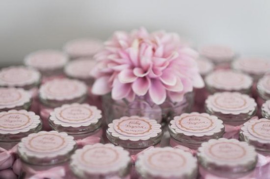 Pink and Gold Butterfly Baby Shower favors, candy in jar displayed beautifully