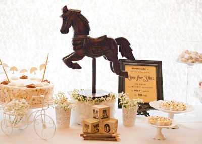 Vintage Rocking horse Baby Shower, little umbrella bunting cake topper