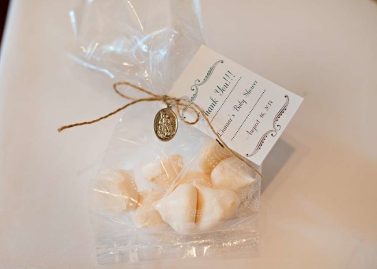 Vintage White Baby Shower favors with tags