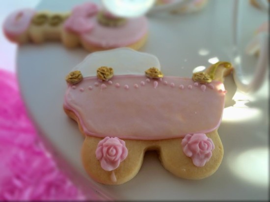 pink and gold baby shower cookies, tutu and tiaras baby shower cookies, baby carriage