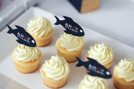 ahoy, nautical baby shower cupcake toppers in fish shape