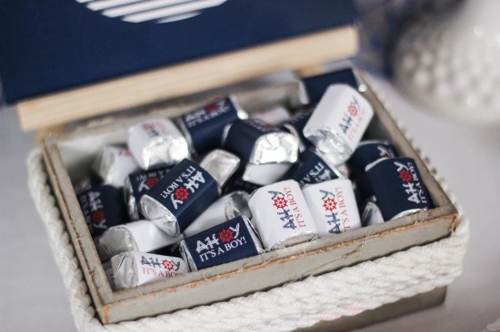 ahoy, nautical baby shower sweets, chocolates with personalized wrapping