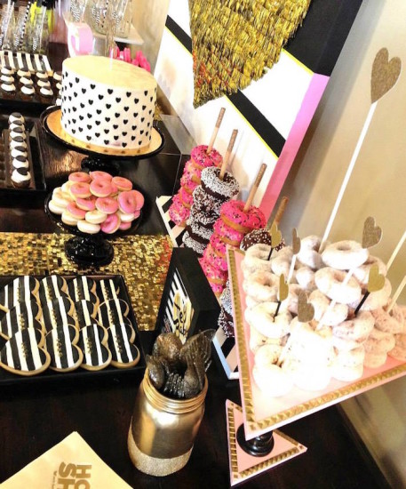 Glam Baby Shower dessert table backdrop and desserts