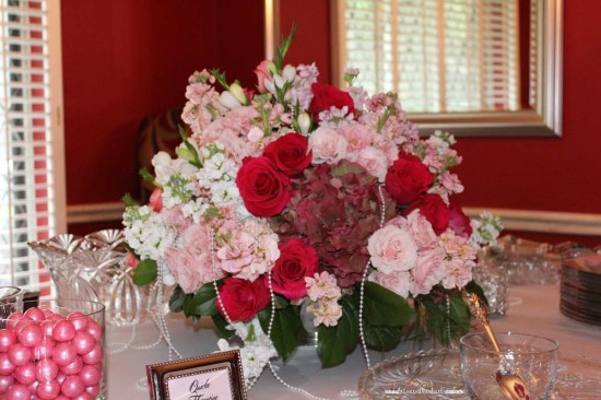 Tiffany Pink Baby Shower food table, floral centerpiece