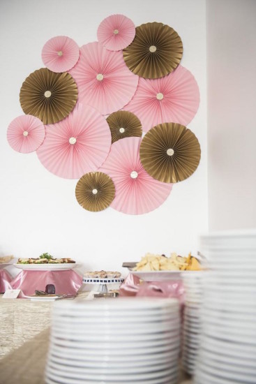 pink and gold backdrop decoration, paper flowers