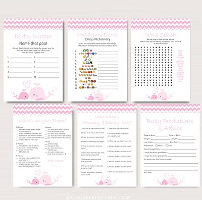 pink whale baby shower printable games