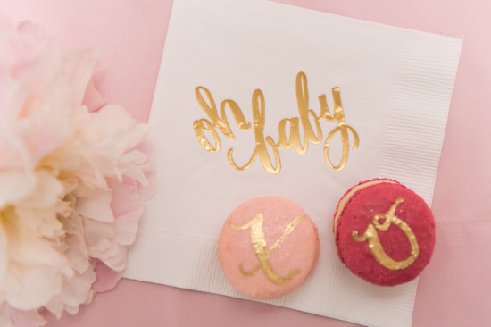 Sweet XOXO Baby Shower macarons in gold letters
