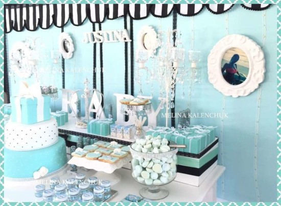 tiffany-baby-shower dessert table and centerpiece cake