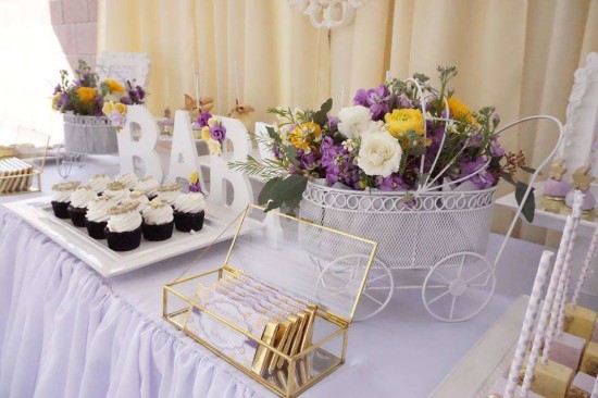 Elegant-Yellow-and-Purple-Baby-Shower-Desserts-Table