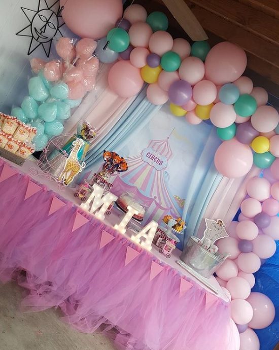 pink circus baby shower dessert table