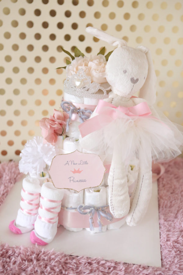 princess-baby-shower-diaper-cake-ballerina-elegant-pink-ivory-bunny