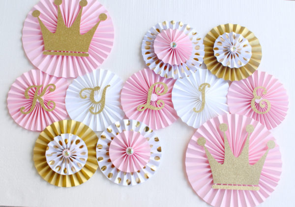 princess-baby-shower-paper-rosettes-backdrop-fans-pink-silver-gold