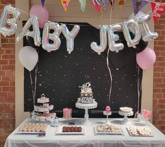 pink star wars baby shower setup