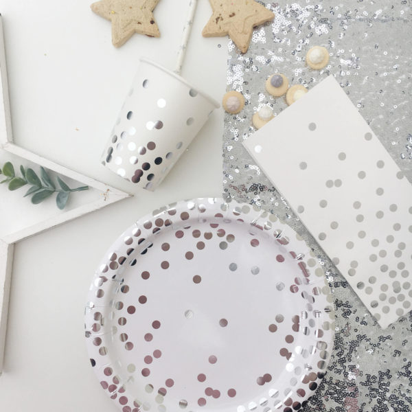 silver-snow-confetti-party-tableware-paper-plate-cup-bag