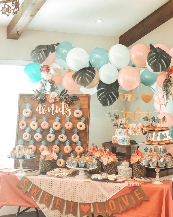 tropical beach baby shower dessert table