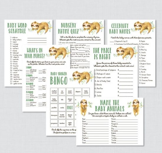 sloth baby shower games package