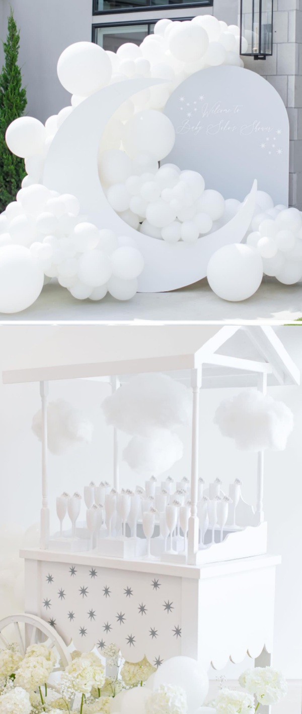 over the clouds and moon baby shower white