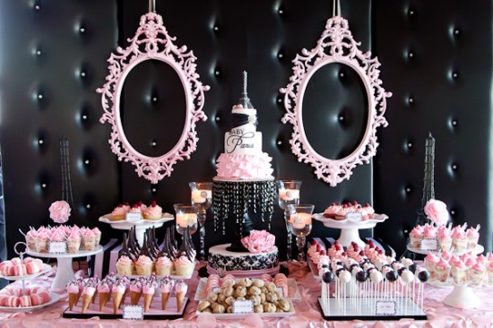pink black parisian baby shower tablescape